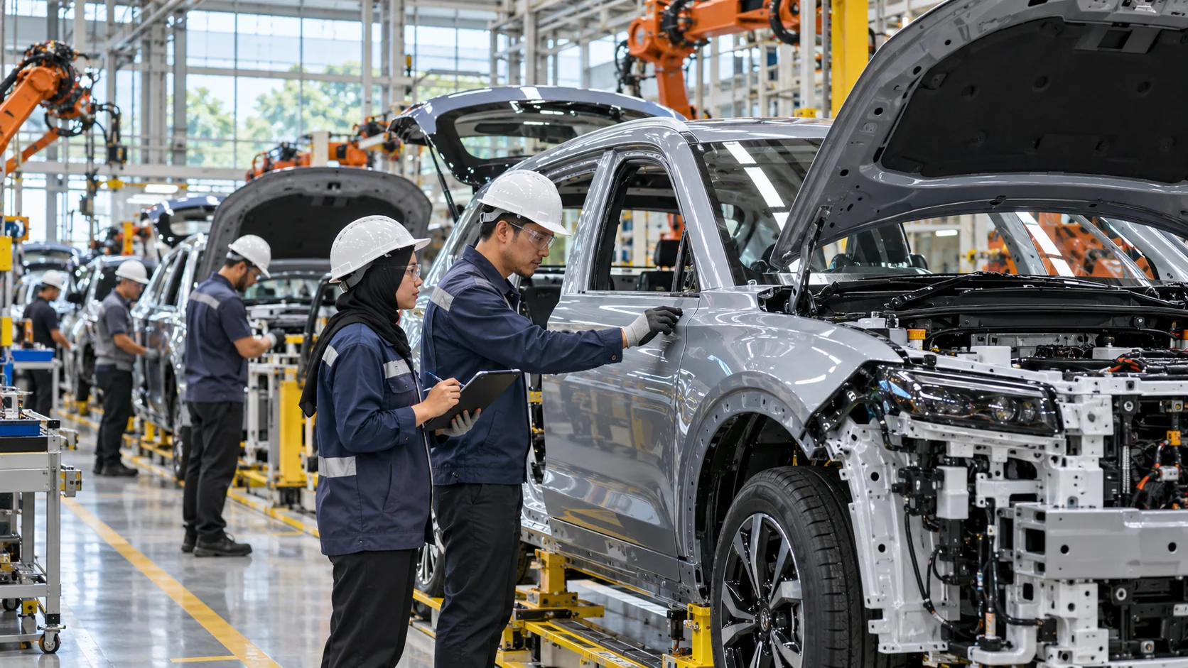 Editorial illustration of an automotive assembly line.