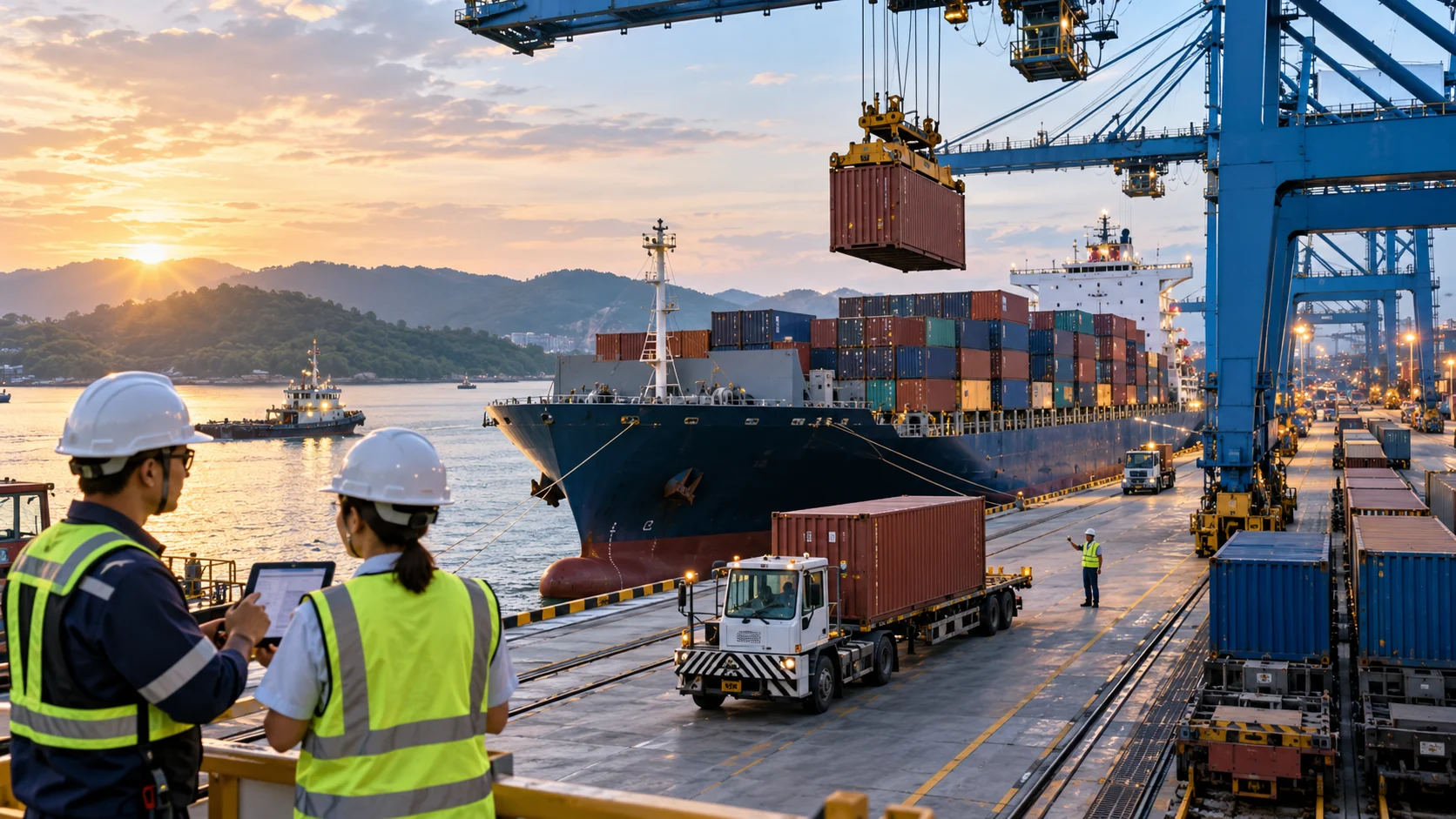 Editorial illustration of containers and freight handling.