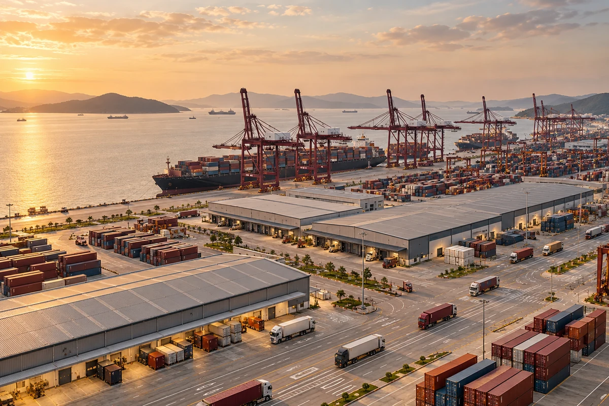 Editorial illustration of a bonded warehouse and container handling area