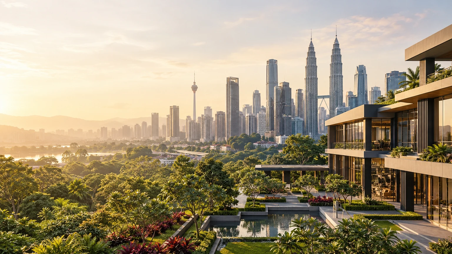 Editorial illustration of a project team reviewing plans for a Malaysian industrial and commercial development