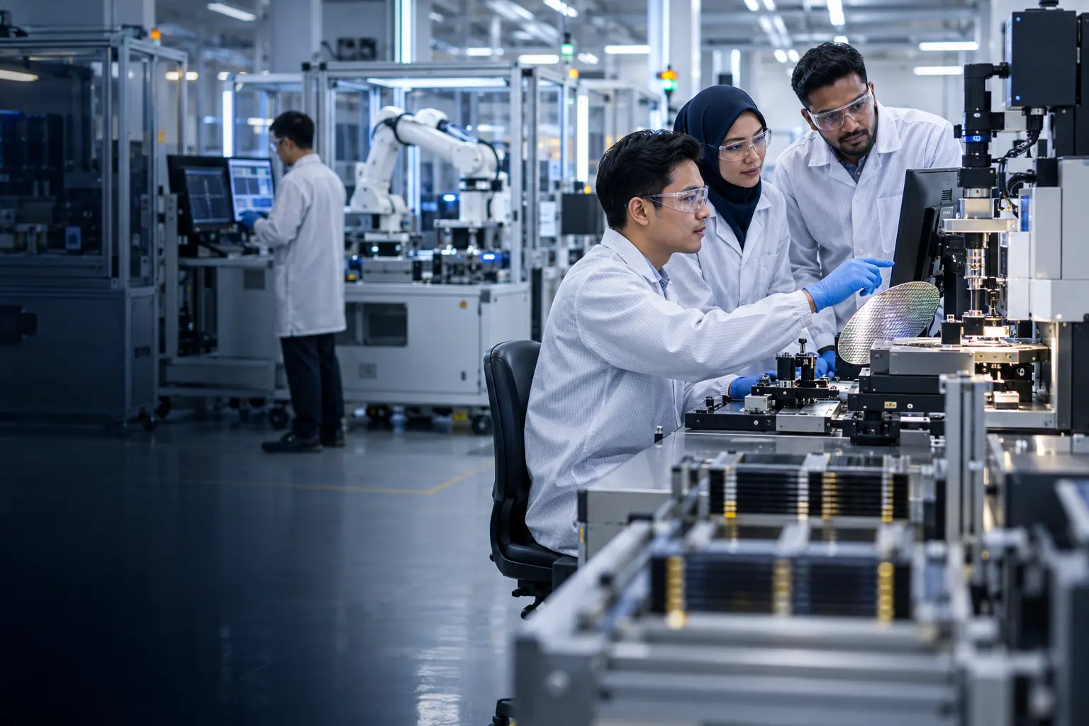 Editorial illustration of an advanced manufacturing floor