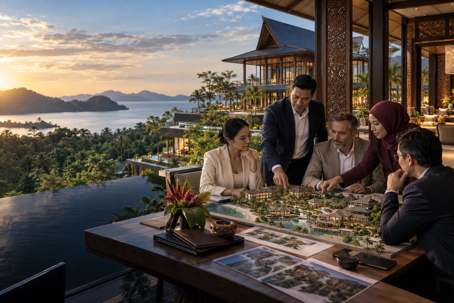 Editorial illustration of a hospitality development and visitor setting