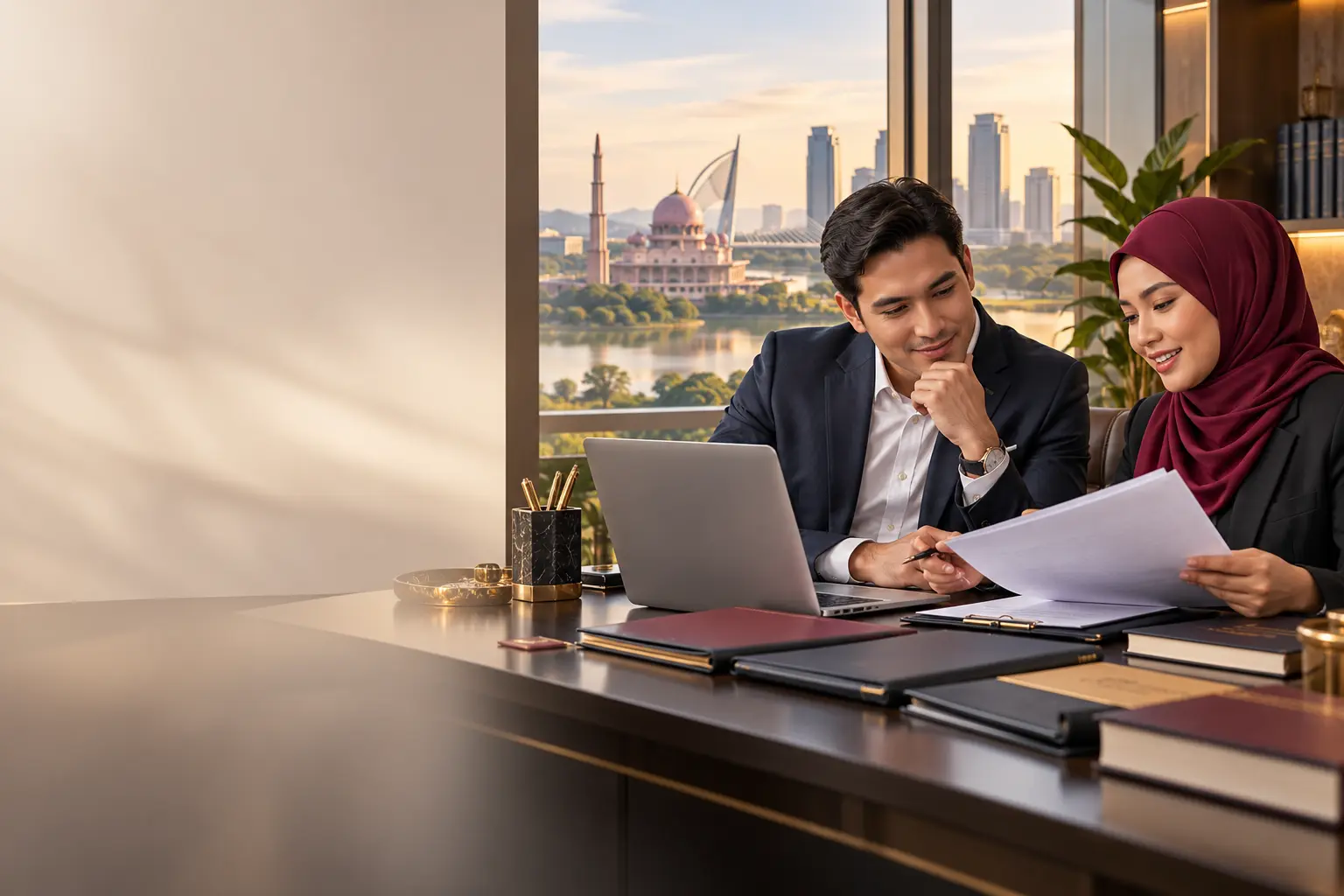 Editorial illustration of two advisers reviewing incorporation documents at a desk, with a lakeside administrative skyline beyond