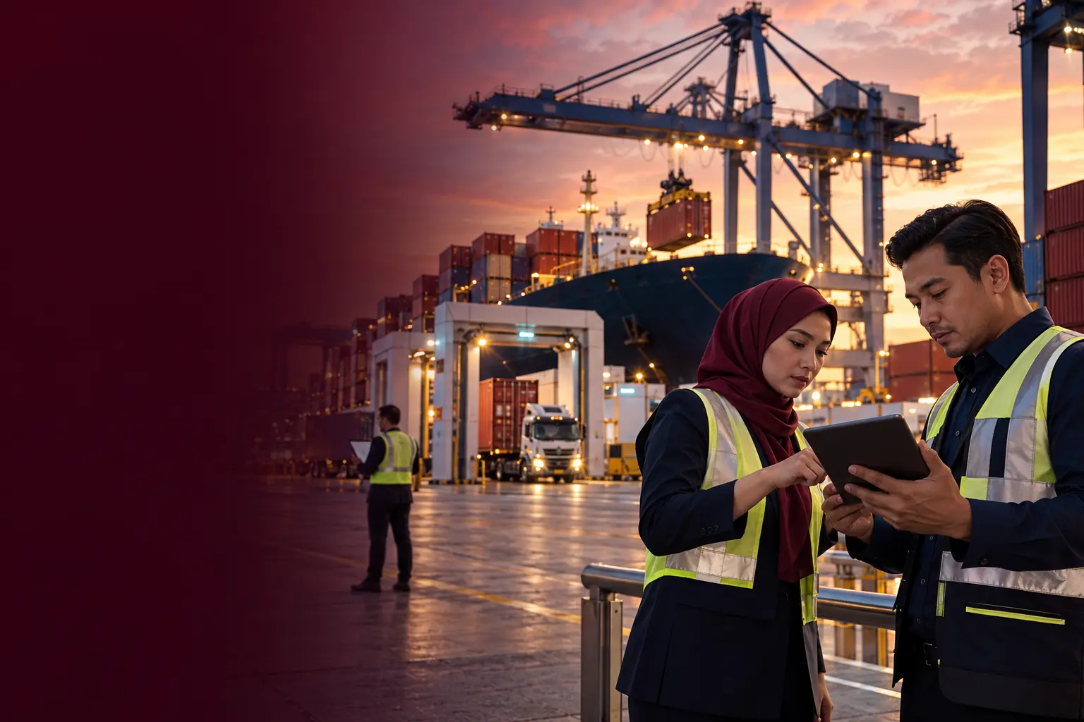 Editorial illustration of trade officers reviewing a tablet at a container terminal gate at dusk