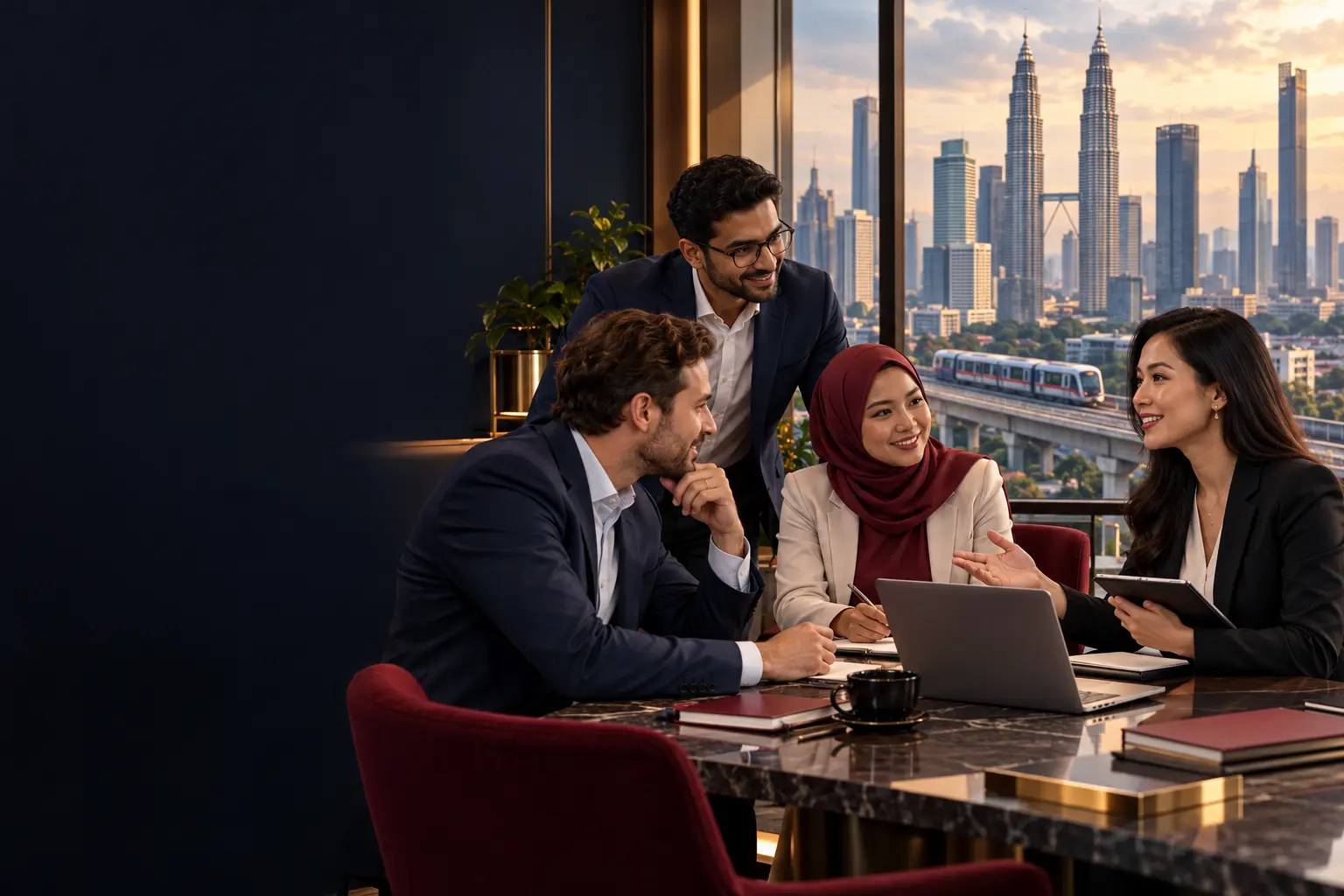 Editorial illustration of a mixed local and international team in discussion, with a city skyline and elevated transit line beyond