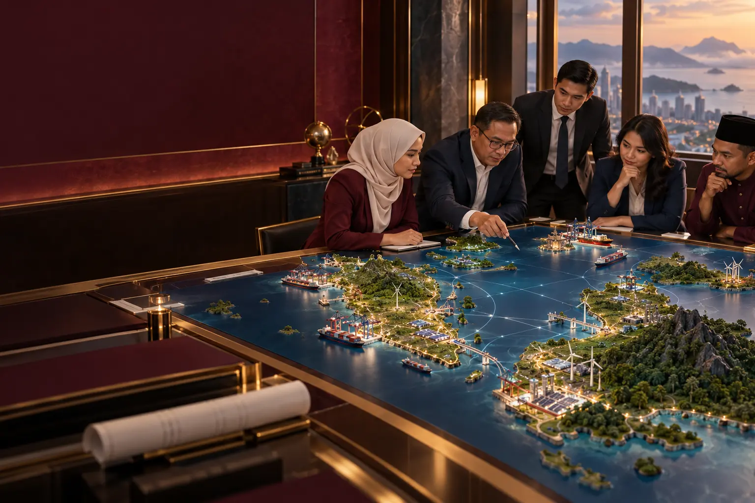 Editorial illustration of federal and state representatives around a lit three-dimensional model of a coastline with industrial and energy infrastructure
