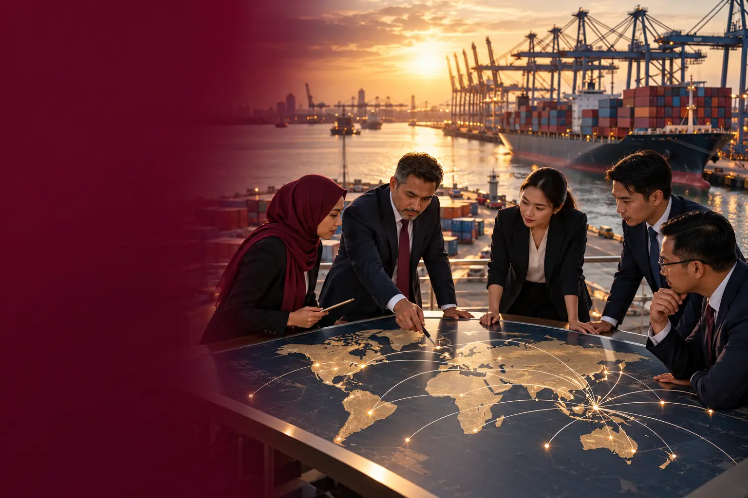 Editorial illustration of a trade team around a lit table graphic with a container port beyond