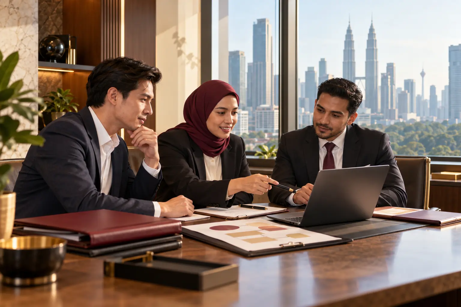 Editorial illustration of advisers reviewing establishment documents with a city skyline beyond