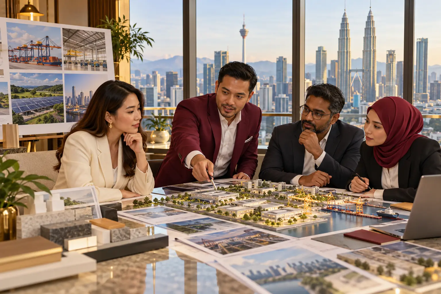 Editorial illustration of a project team reviewing a site masterplan model and location studies at a meeting table