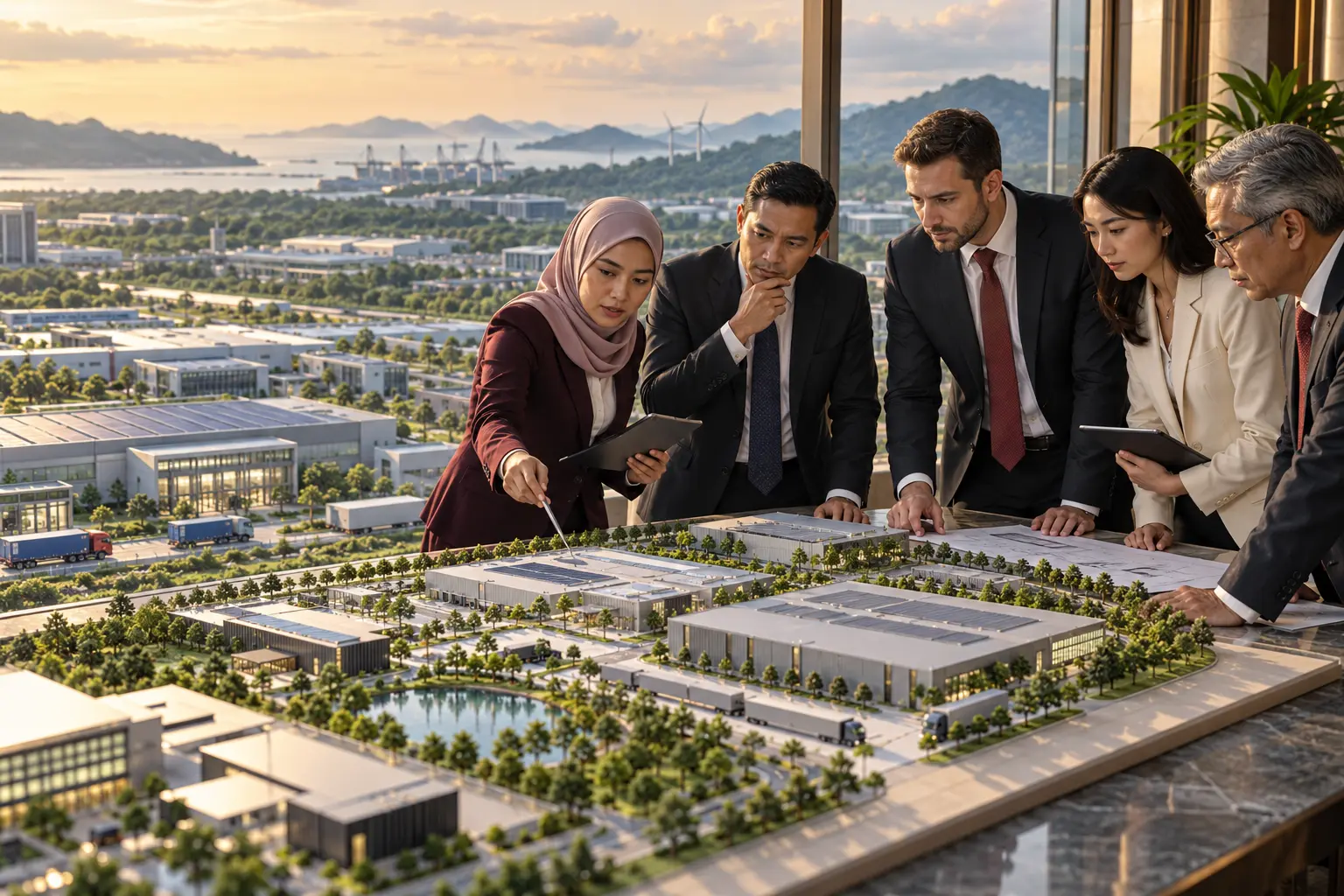 Editorial illustration of advisers studying a model of an industrial park