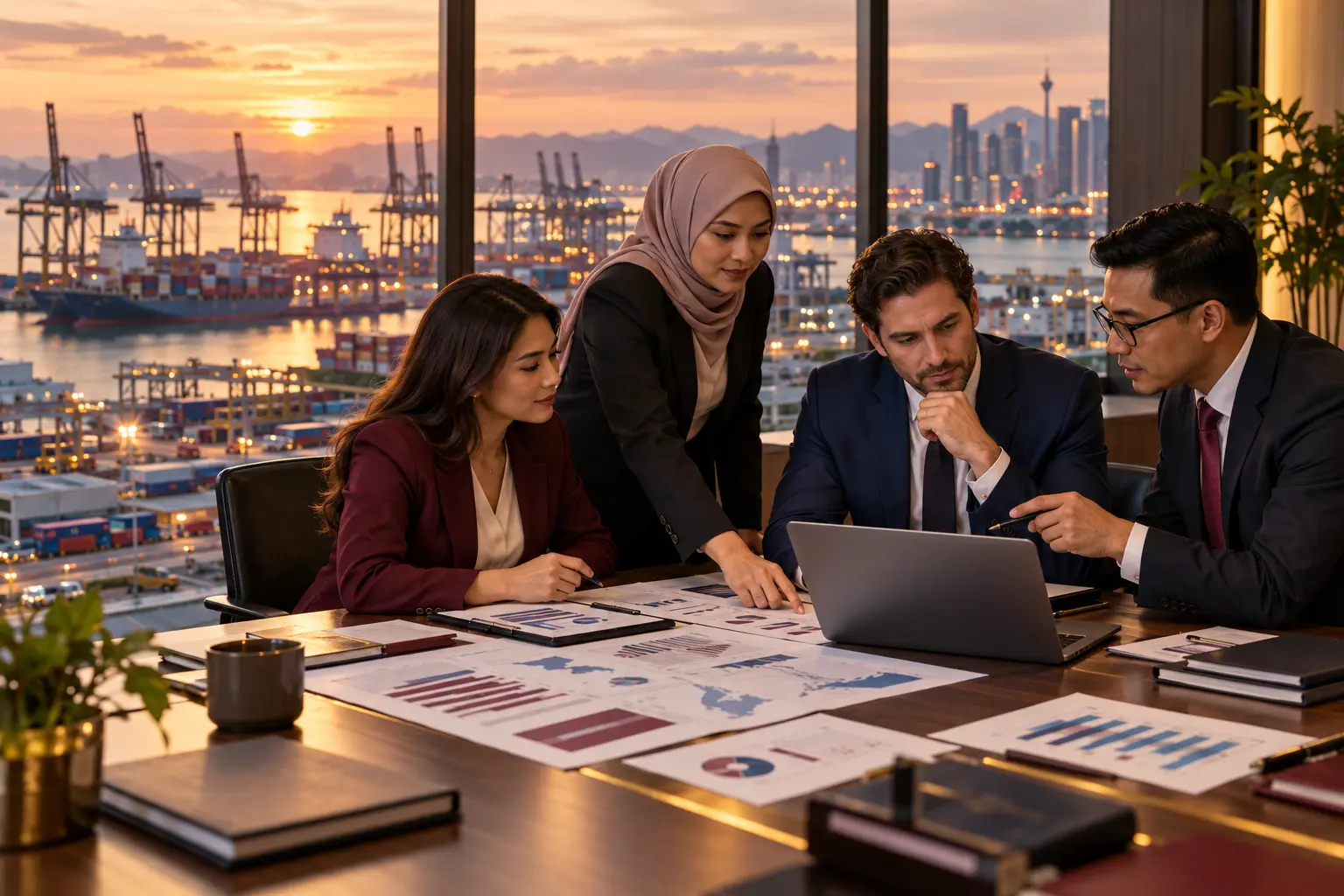 Editorial illustration of a team reviewing compliance documents with a container port at sunset beyond