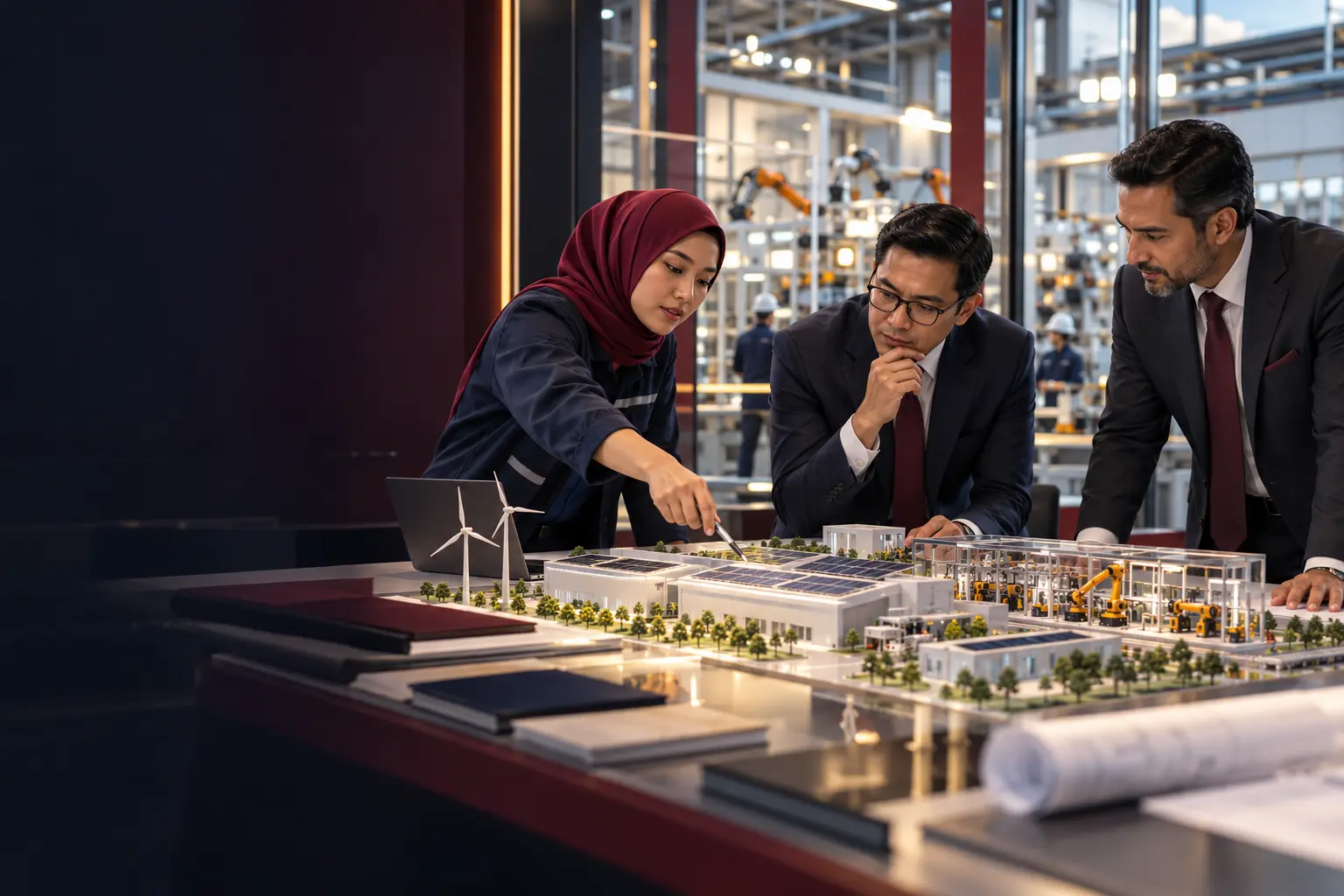 Editorial illustration of a project team examining a model of an industrial facility inside a manufacturing hall