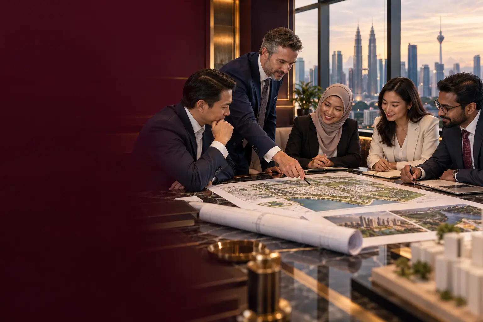 Editorial illustration of advisers and investors around a development masterplan