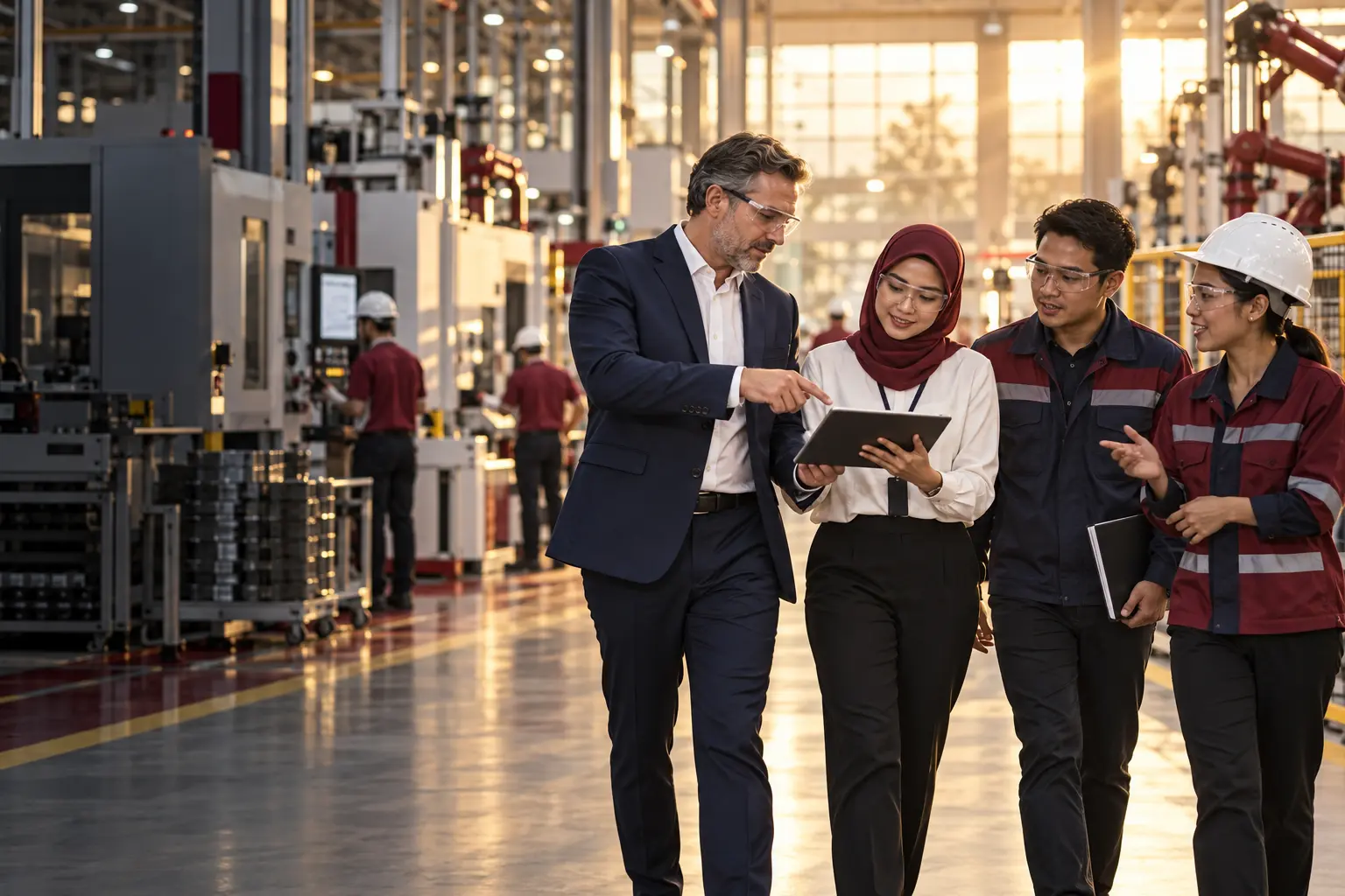 Editorial illustration of managers and technicians walking a production floor reviewing a tablet
