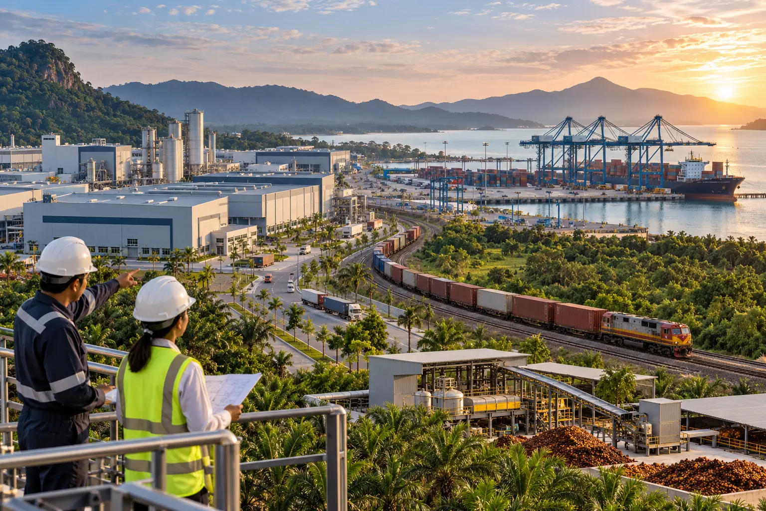 Editorial illustration of site engineers overlooking a petrochemical plant, container port and rail freight line on a forested coast