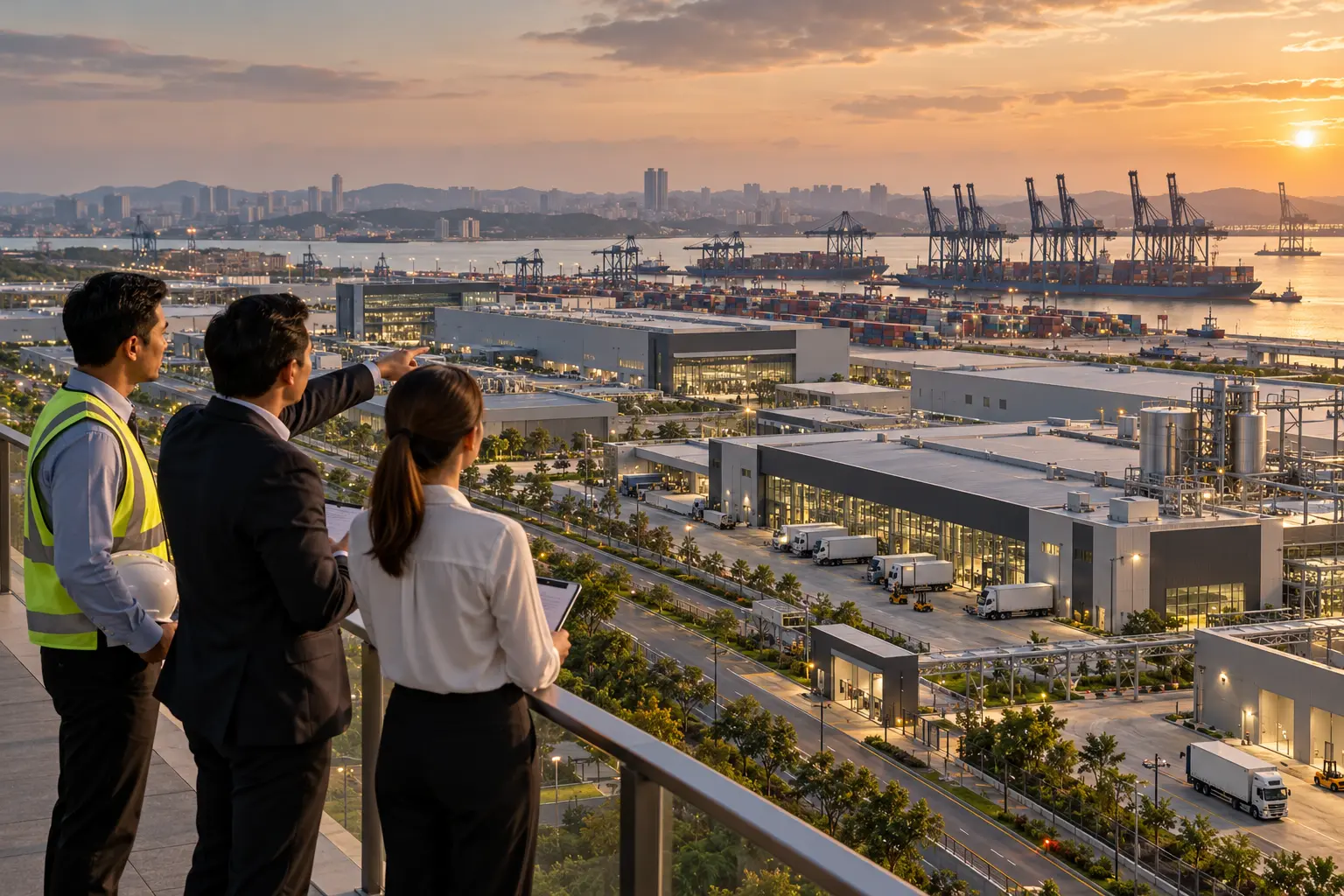 Editorial illustration of a site team overlooking an industrial estate, container port and city skyline across a strait at sunset