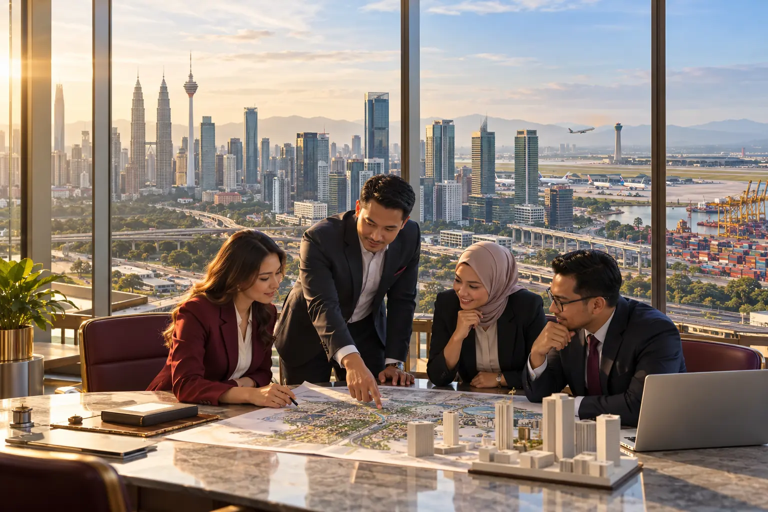 Editorial illustration of a project team reviewing an urban masterplan model with a capital-city skyline, airport and port beyond
