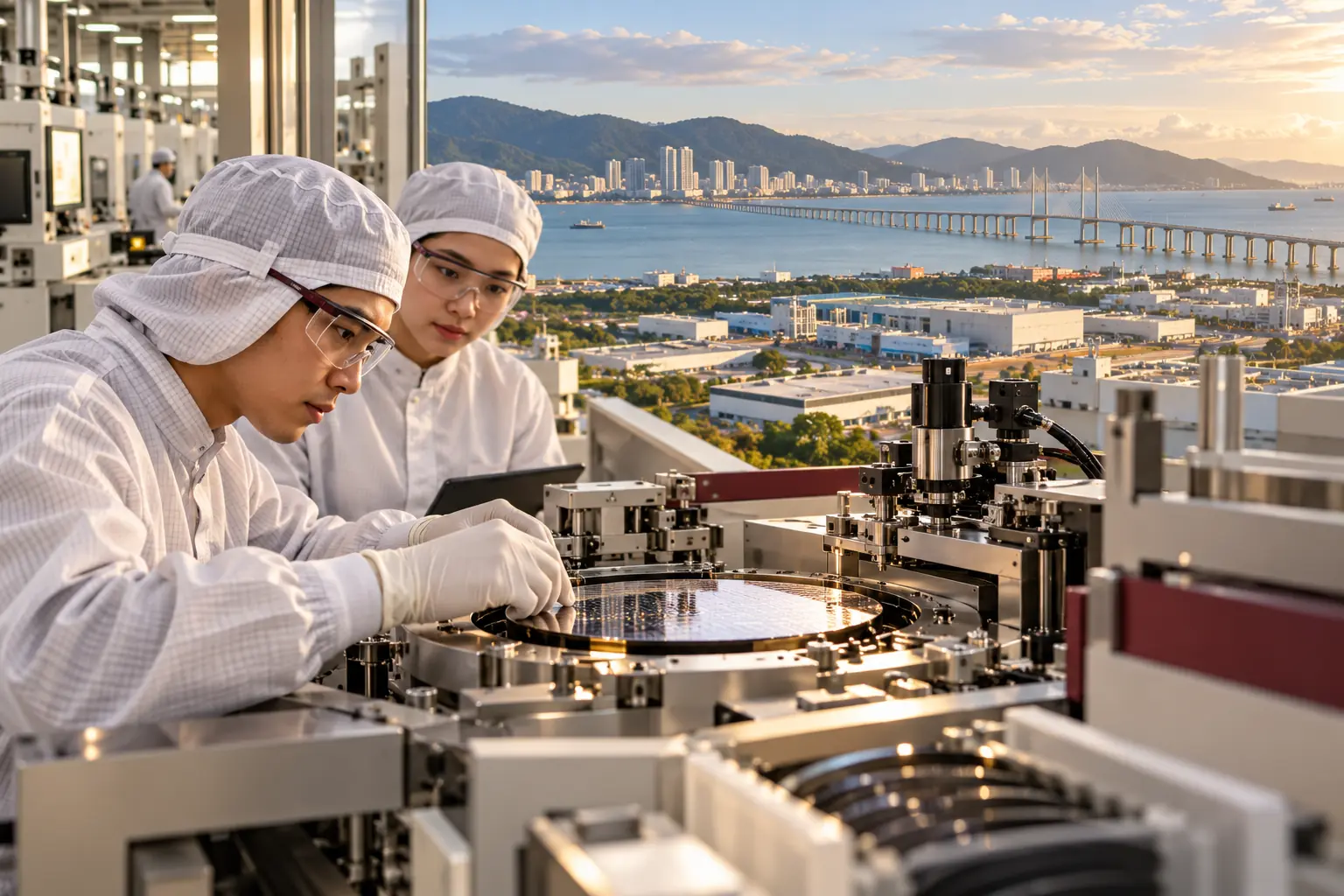 Editorial illustration of technicians in cleanroom garments working at semiconductor equipment, with a coastal city and bridge beyond