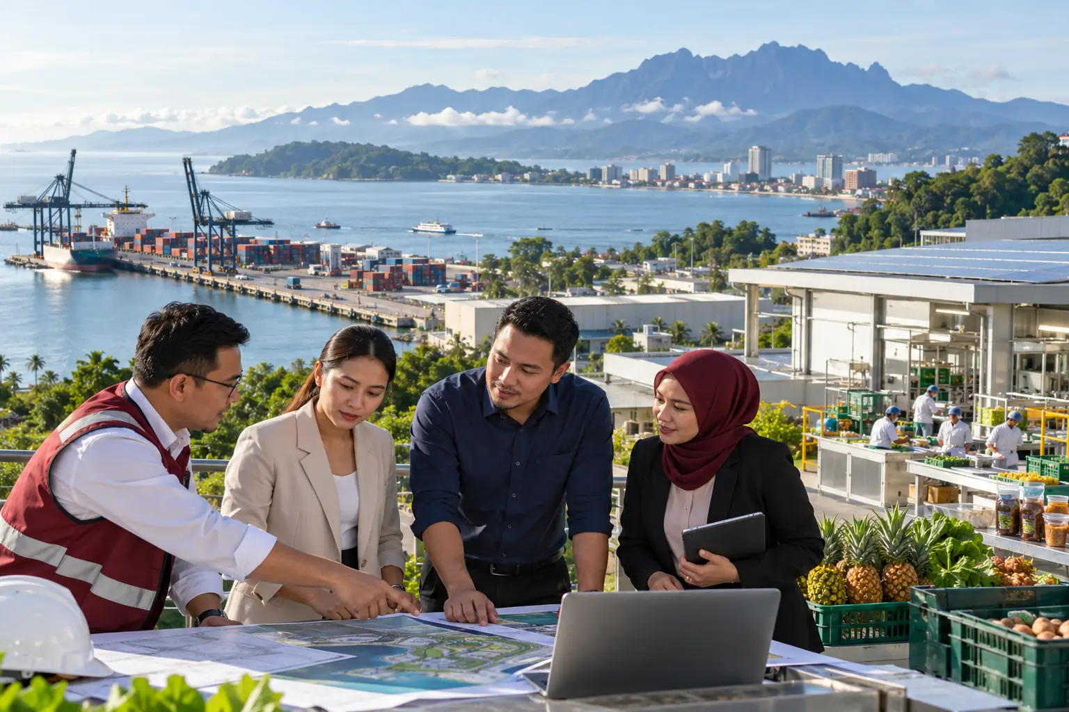 Editorial illustration of a project team above a coastal port and food-processing facility, with a mountain range beyond