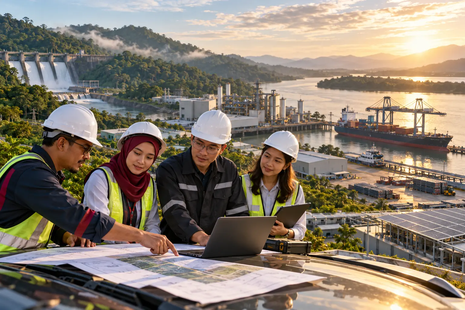 Editorial illustration of engineers reviewing plans above a hydroelectric dam, industrial plant and river port in forested terrain