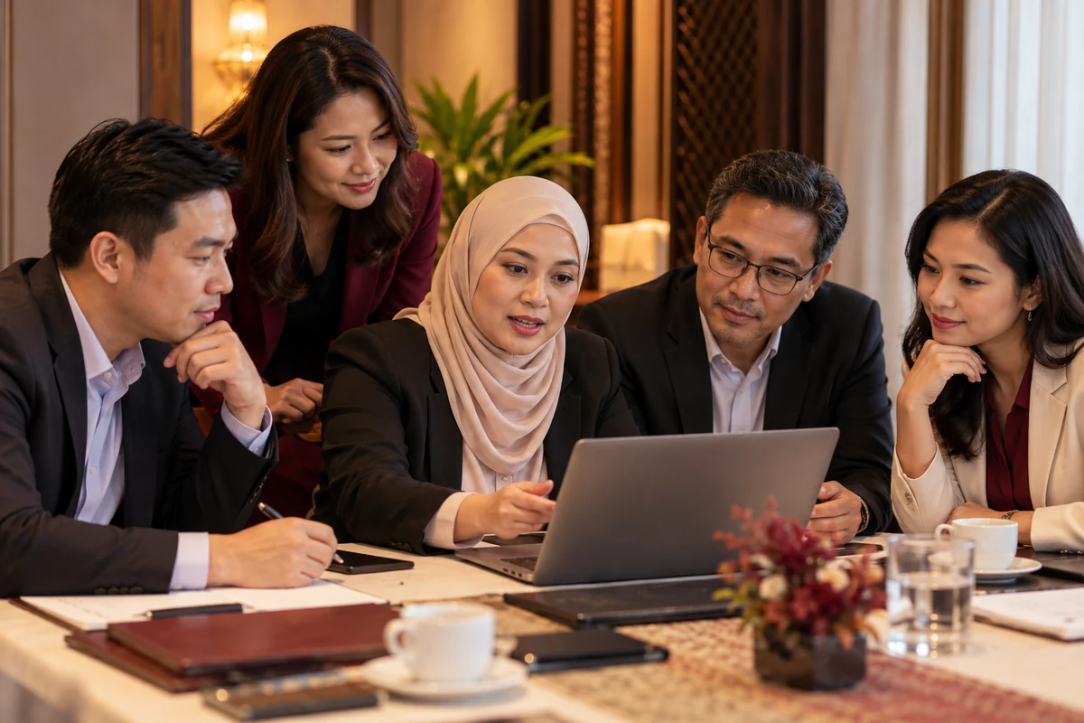 AI editorial illustration of associations in a Malaysian technology setting