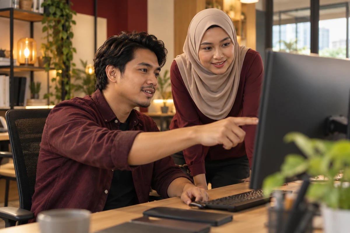 AI editorial illustration of software in a Malaysian technology setting
