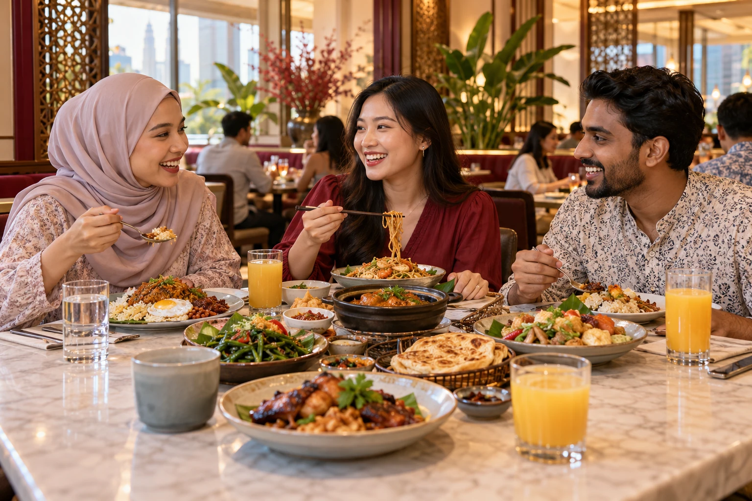 Editorial illustration of a multicultural group sharing a meal in Kuala Lumpur with non-alcoholic drinks.