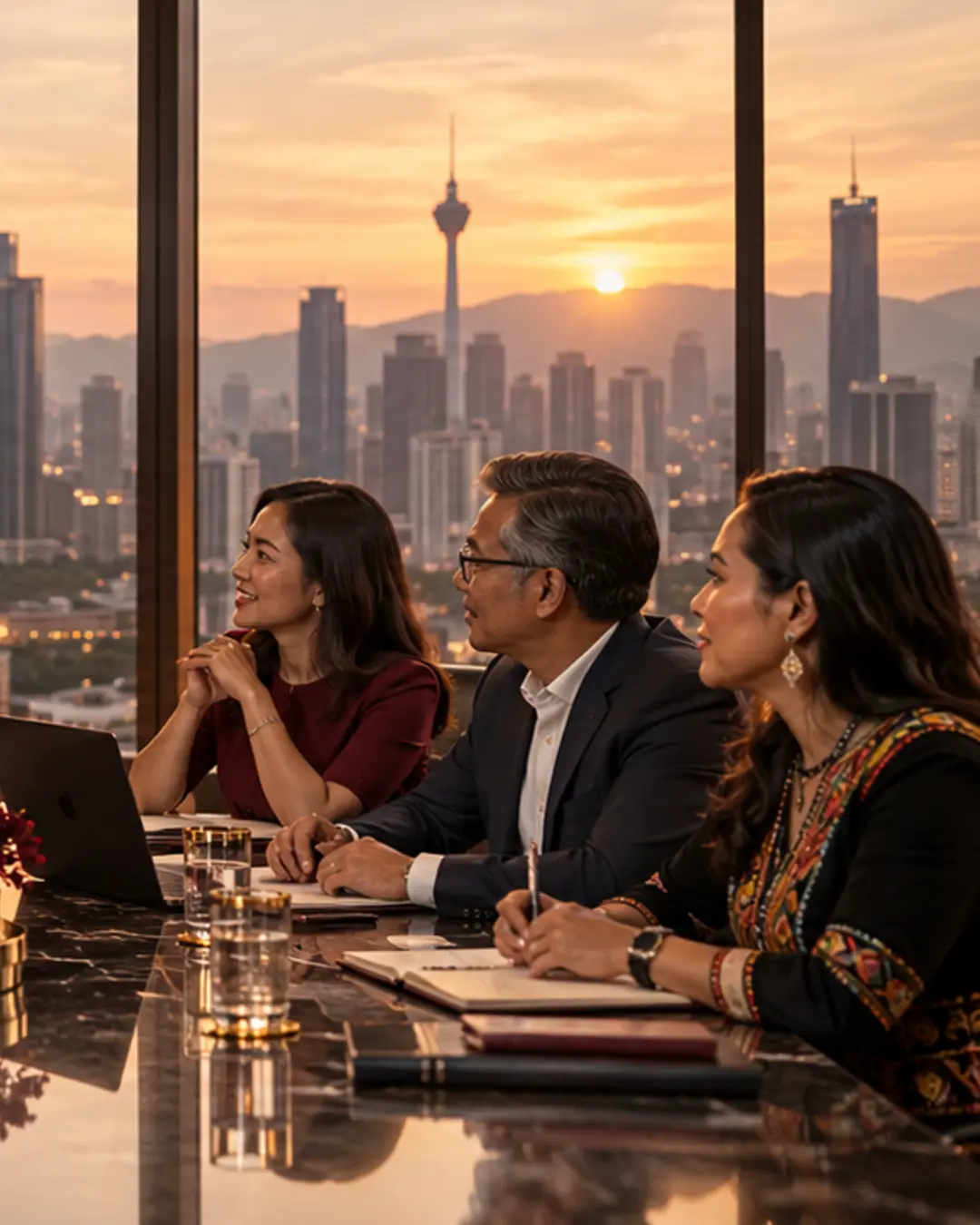 Representatives of organisations in discussion around a table in a contemporary Malaysian workplace