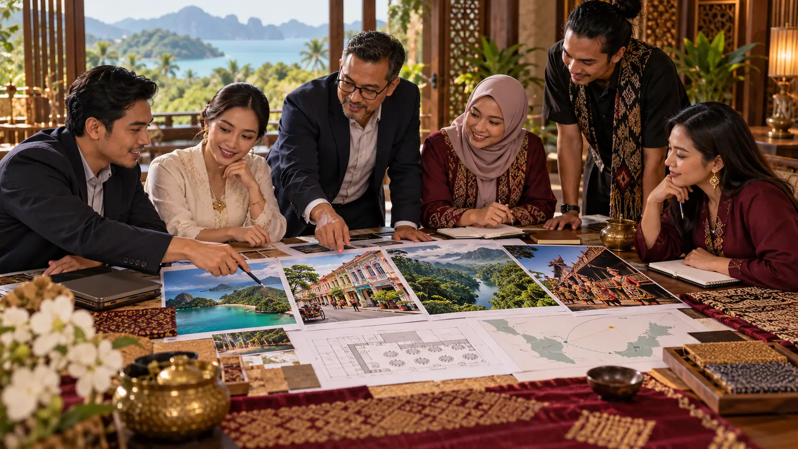 Editorial illustration of a cultural and destination programme being presented to visitors