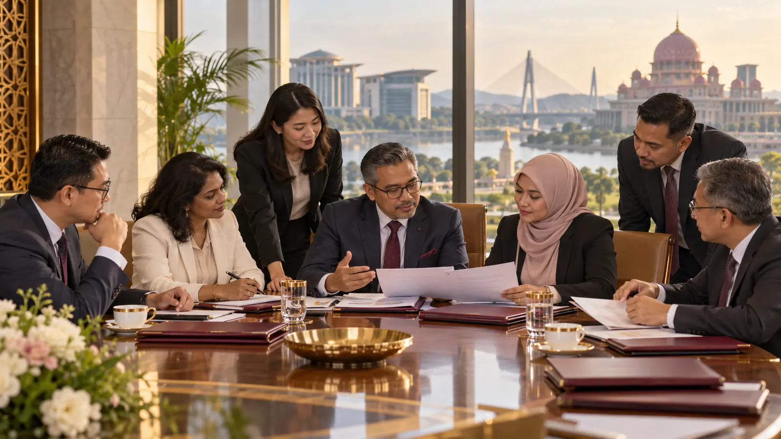 Editorial illustration of institutional representatives reviewing published material together