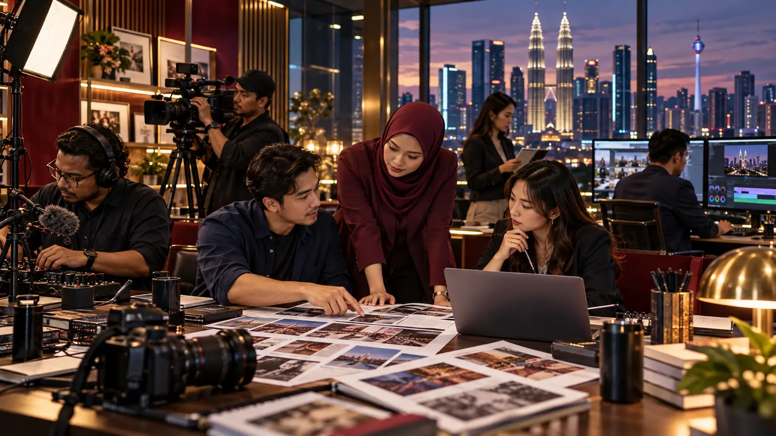 Editorial illustration of a media and publishing team preparing material for distribution
