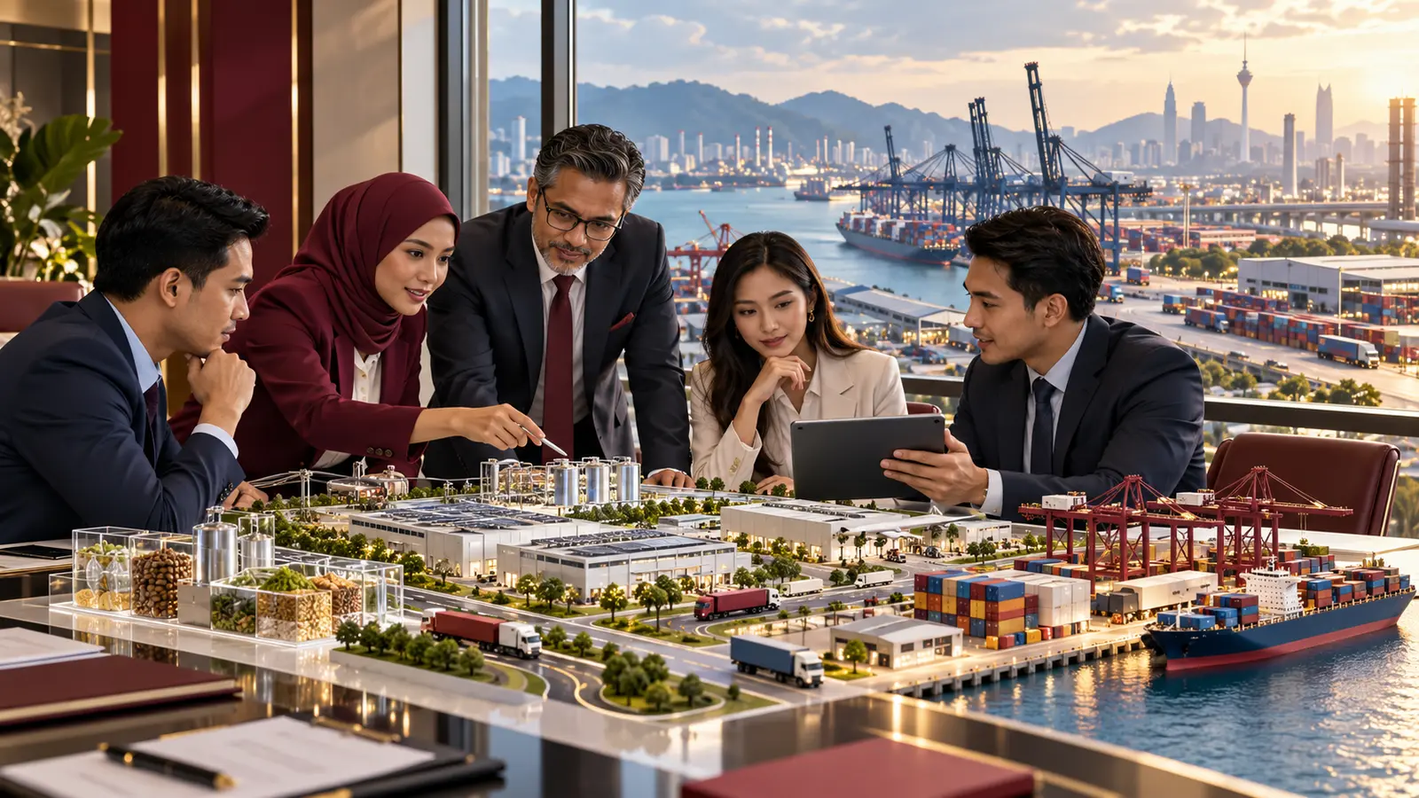 Editorial illustration of sector and trade representatives meeting around a shared table