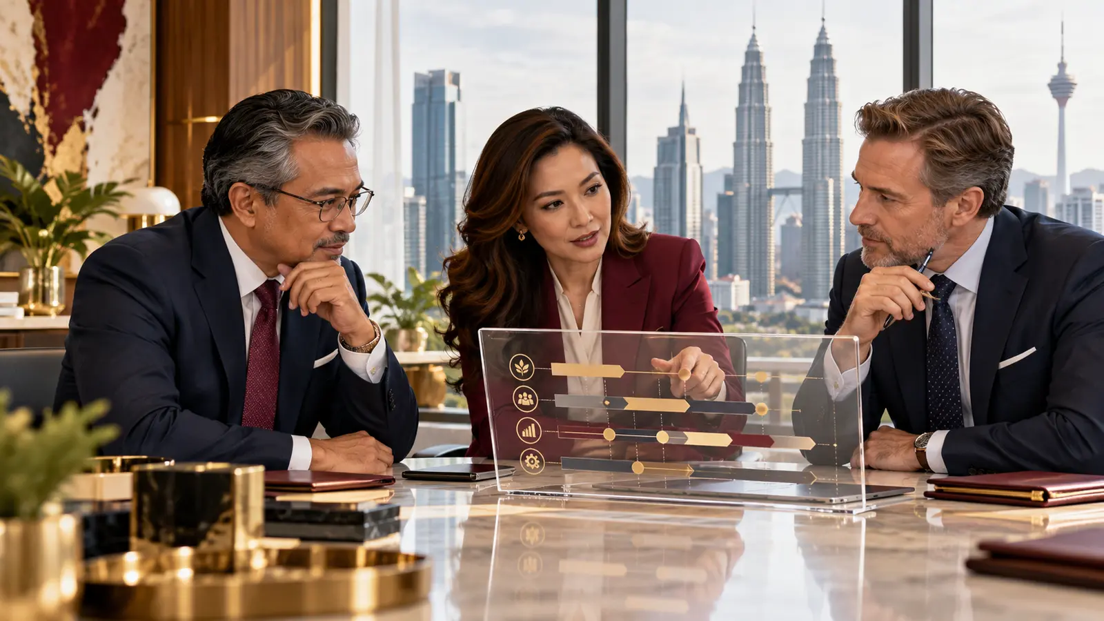 Editorial illustration of corporate representatives reviewing a working document together