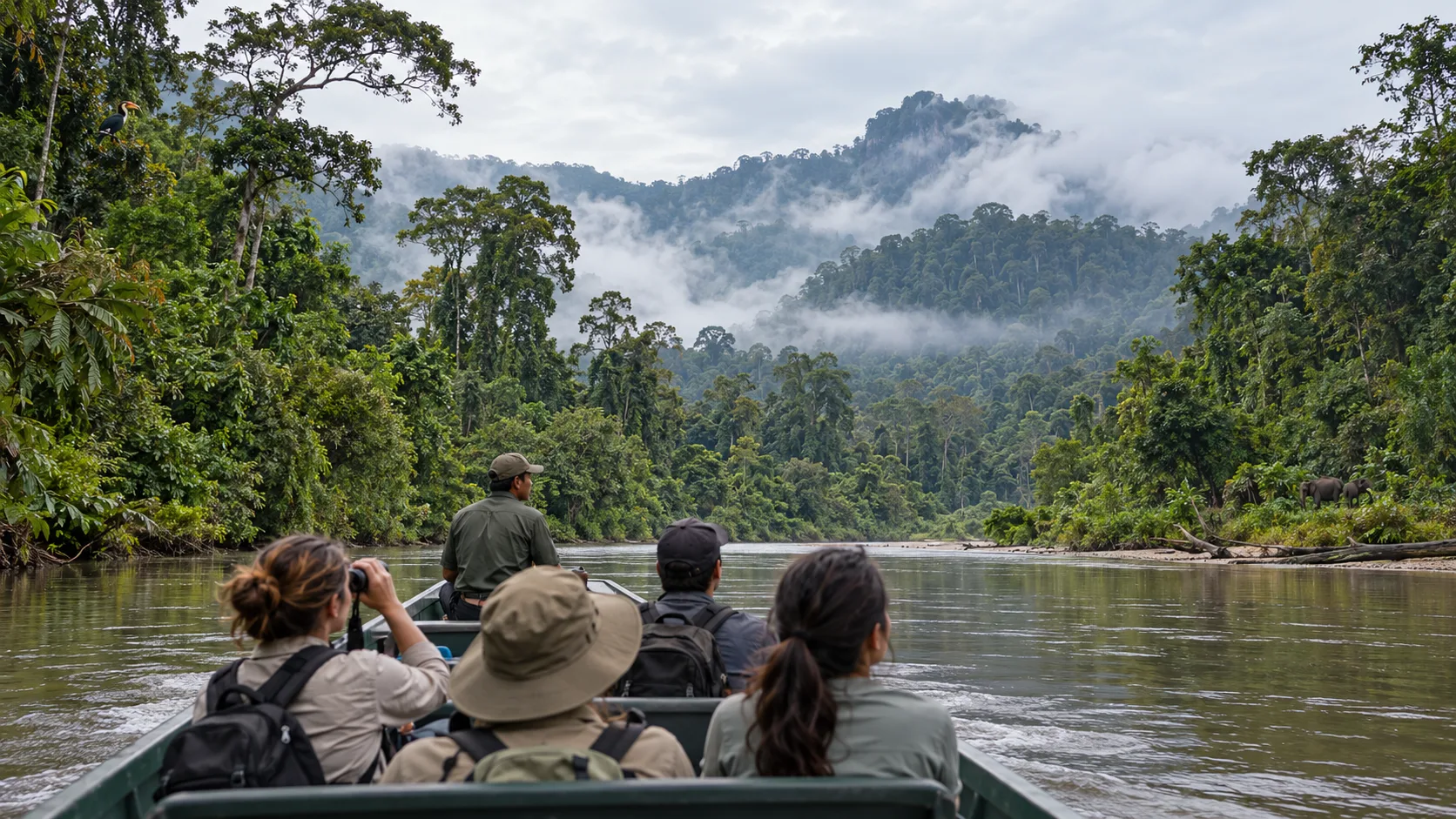 Editorial illustration of dense Bornean rainforest canopy with a river below.