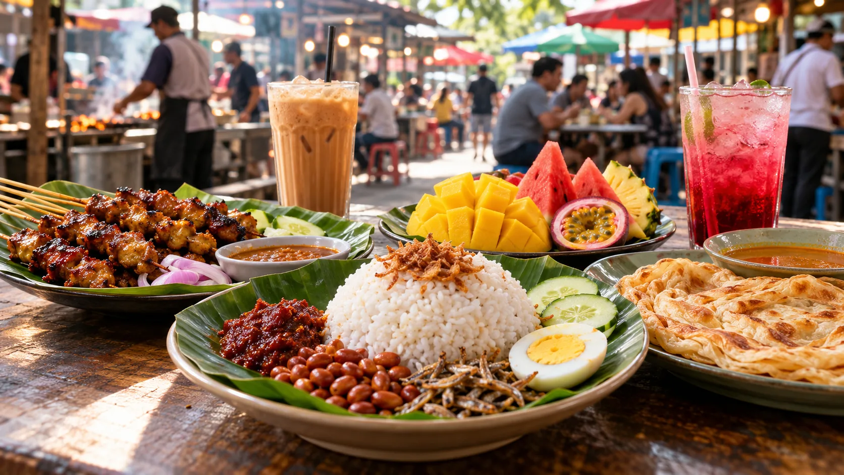Editorial illustration of a busy Malaysian market food stall.
