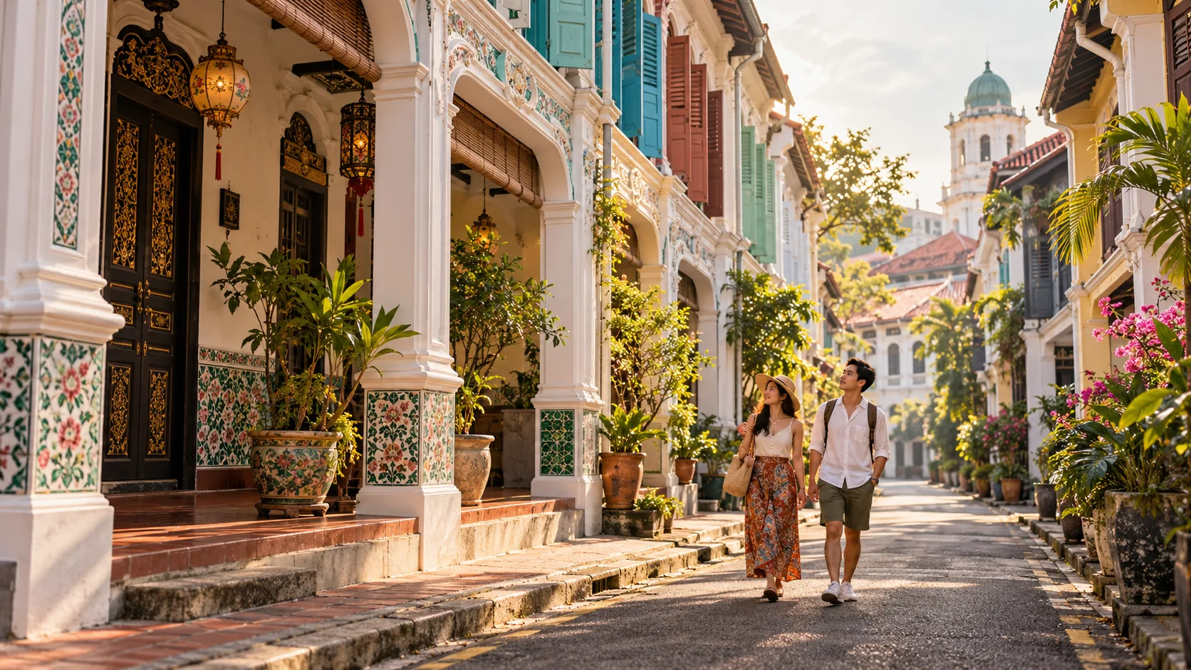 Editorial illustration of a heritage shophouse street with pedestrians.