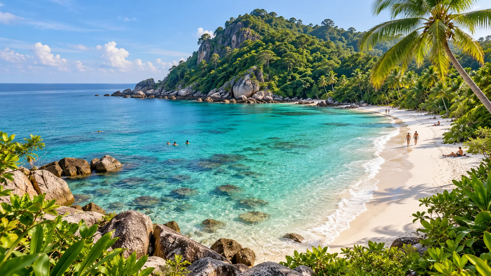 Editorial illustration of a Malaysian island coastline with clear shallow water.