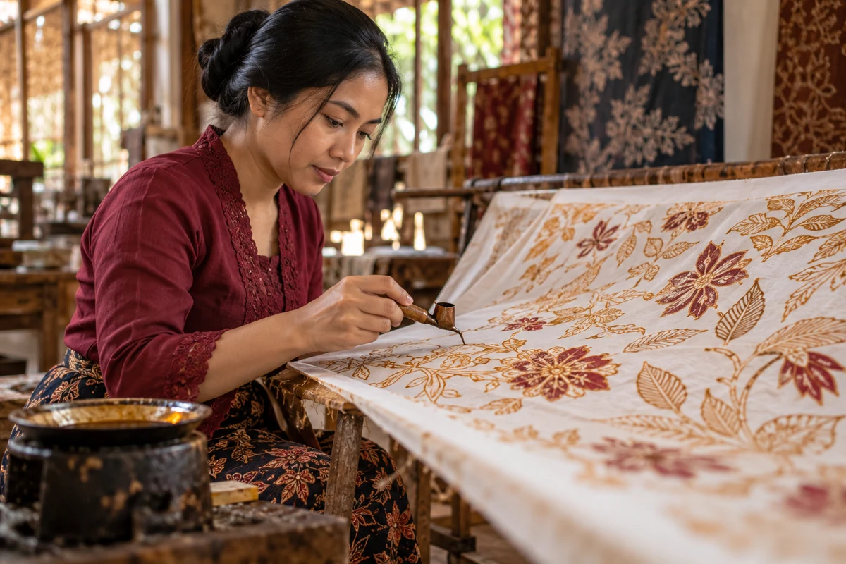 Editorial illustration of batik craft work in a Malaysian setting.