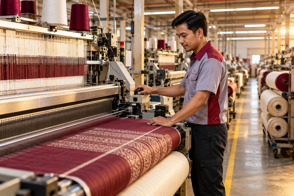 Editorial illustration of fabric production in a Malaysian textile setting.