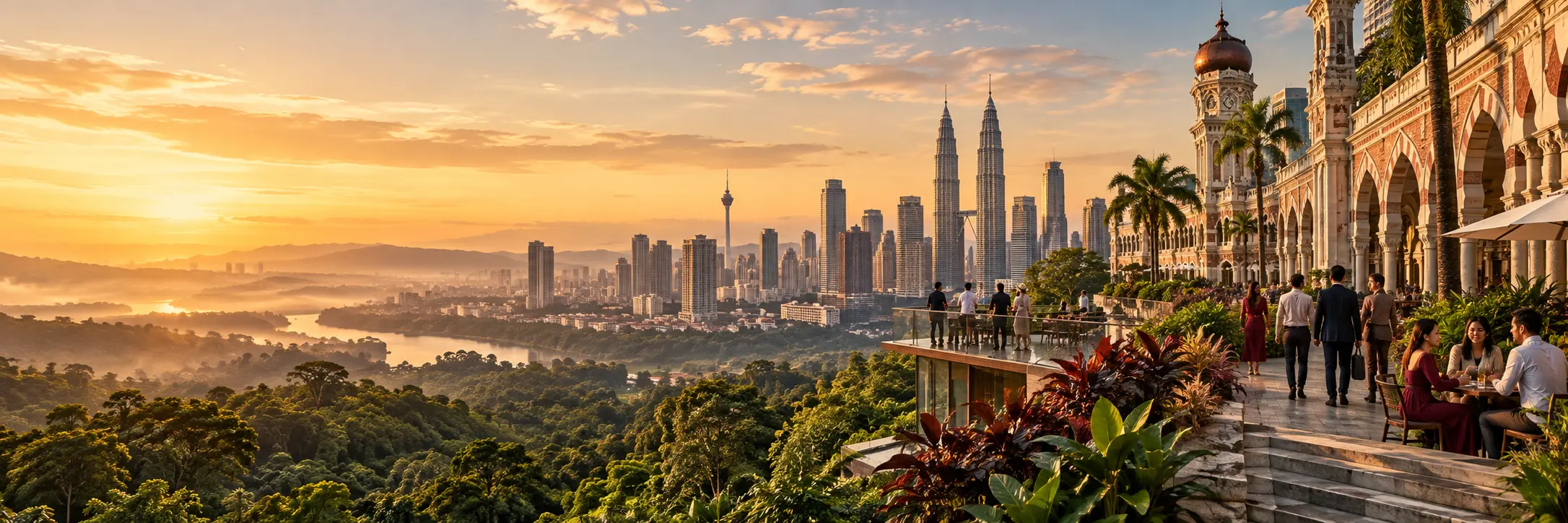 Kuala Lumpur skyline at sunset with the Petronas Twin Towers, a heritage building and surrounding rainforest, seen from a viewing terrace