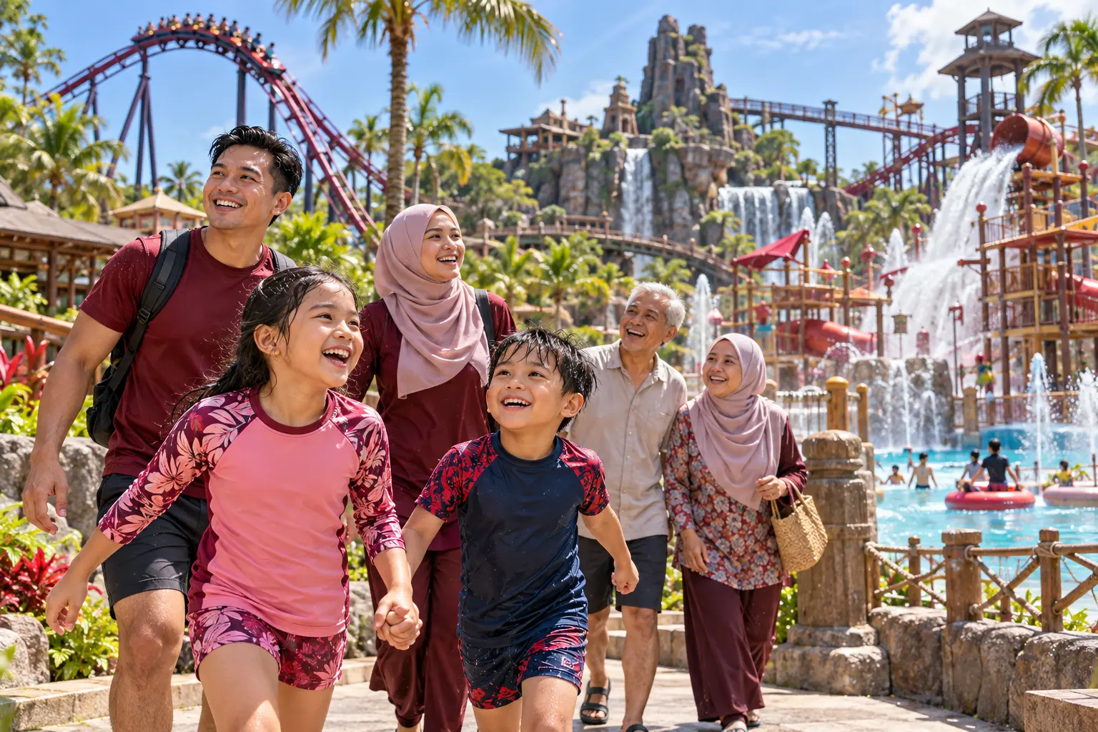 Family with children smiling at a Malaysian theme park with rides and a water play area