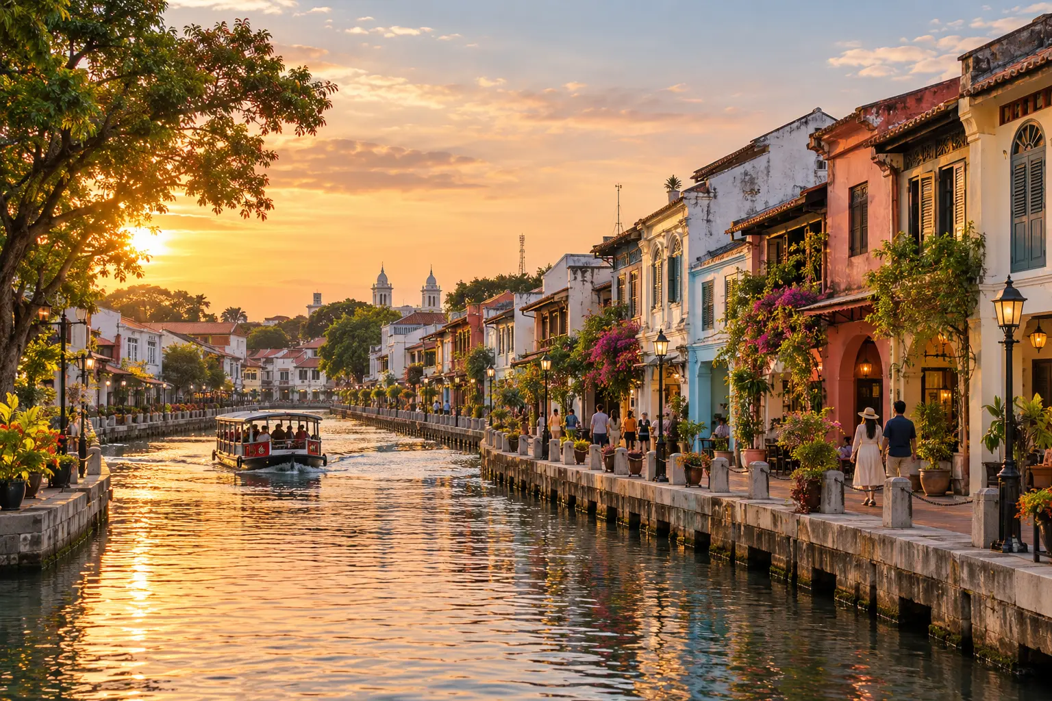 AI illustration of a Melaka-inspired riverfront at sunset, with restored Straits shophouses lining the water and a river cruise boat passing.