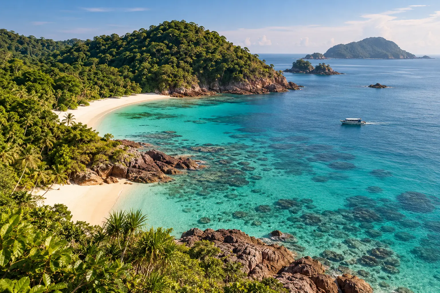 AI illustration of an east-coast Malaysian island cove, with white sand, clear reef water and forested headlands.