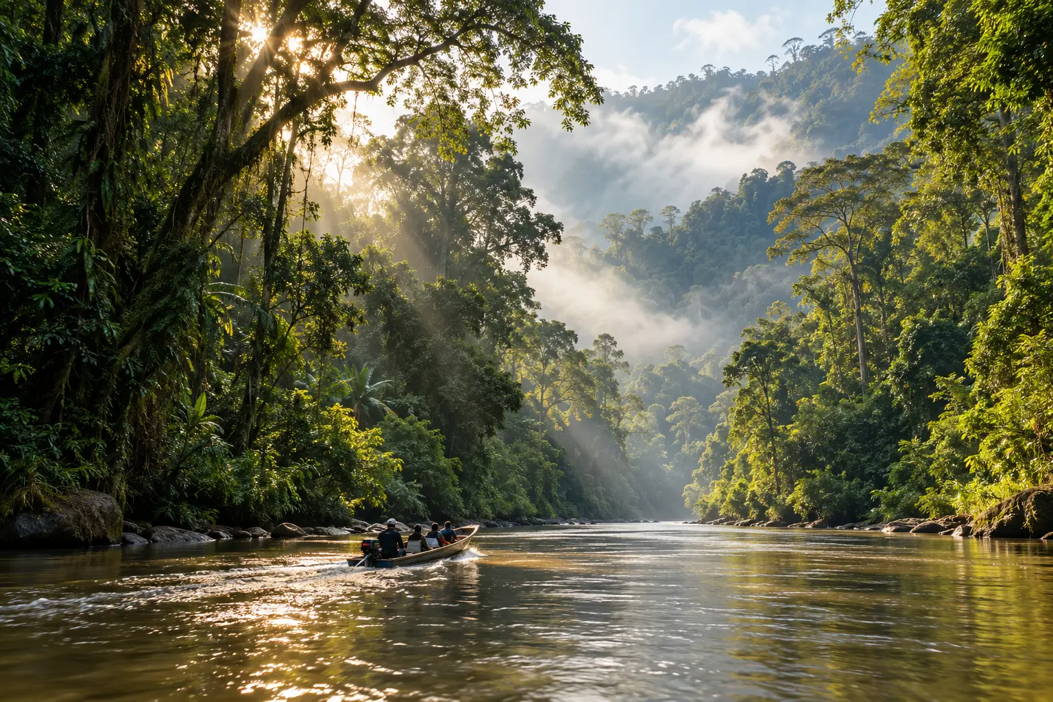 AI illustration of a Taman Negara-inspired rainforest river in Malaysia's interior, with a narrow boat carrying visitors upstream through morning mist.