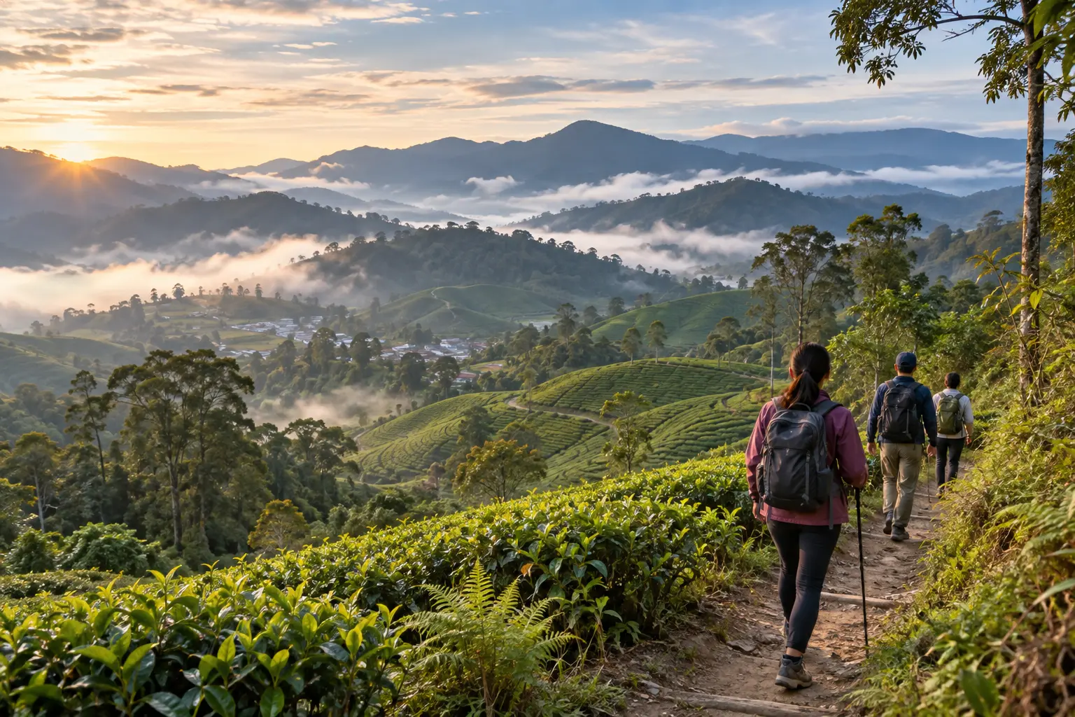 Illustration of walkers on a ridge path above terraced tea plantations, with mist lying in the valleys at sunrise