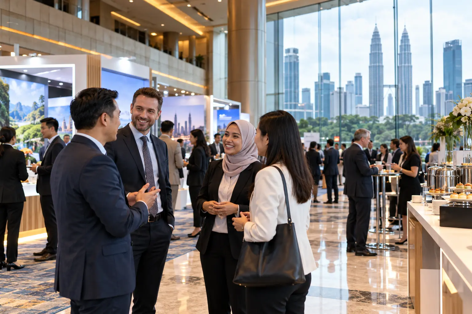 Illustration of delegates talking in a convention centre foyer, with a city skyline through the glass behind them