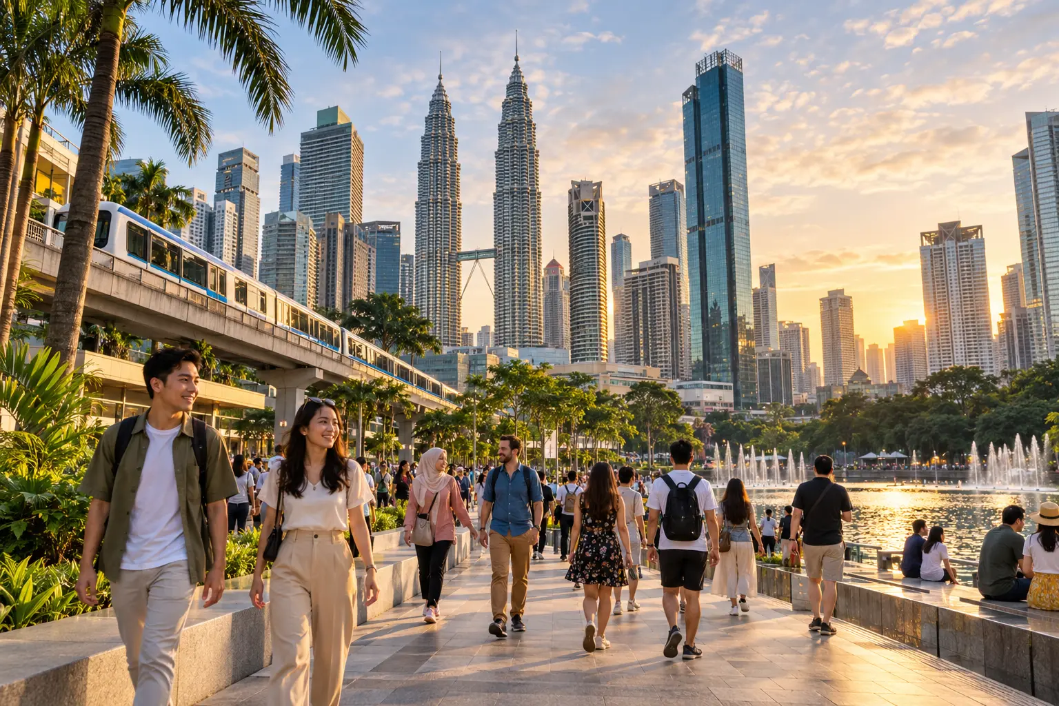 Illustration of a Kuala Lumpur city walk: a landscaped park promenade with fountains below the Petronas Twin Towers and an elevated monorail line