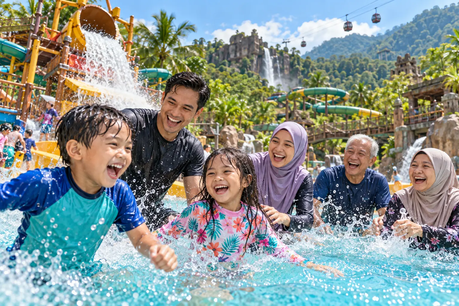 Illustration of a multi-generation family playing in a shallow water-park pool, with slides and forested hills behind