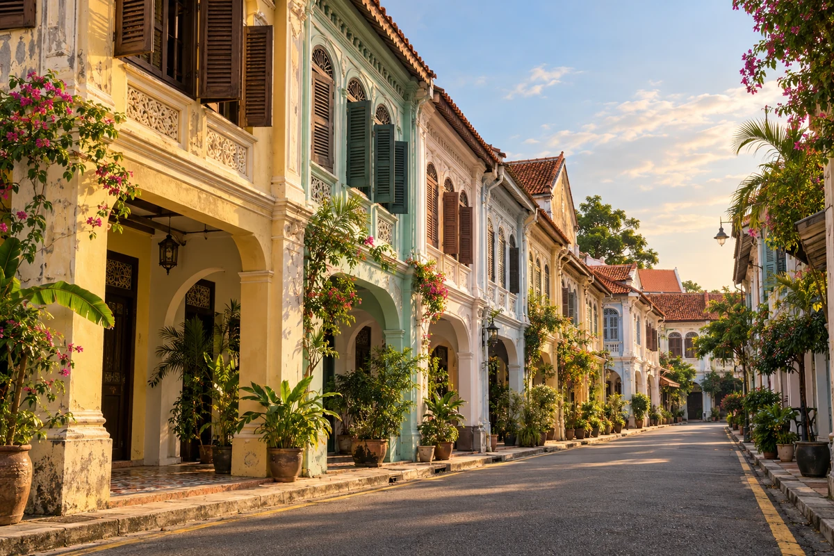 Illustration of a George Town shophouse street: shuttered Straits-style facades, five-foot ways, potted plants and bougainvillea