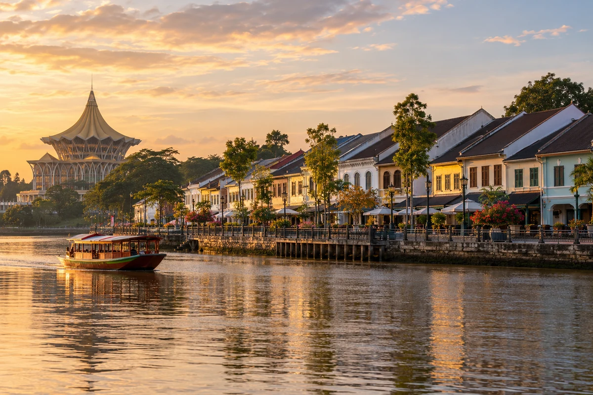 Illustration of the Kuching waterfront on the Sarawak River: restored shophouses, a passenger sampan crossing and a landmark building on the far bank